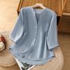 Foto Real Verano 2025 Nueva Camisa Artística Simple Cuello en V Color Sólido para Mujer Top Casual de Botonadura Sencilla para Mujer