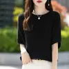 Suministrado directamente por el fabricante, camiseta versátil de manga corta con cuello redondo para mujer, 100% algodón, primavera/verano, corte ajustado, color liso, camiseta básica simple y elegante