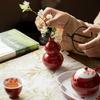 Jarrón de Calabaza de Cerámica Roja Recipiente Pequeño de Flor Roja Decoración del Hogar Adorno de la Fortuna Estilo Chino Adorno de Mesa de Té
