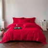 Juego de Cuatro Piezas para Cama de Boda, Festivo y Propicio, Algodón Puro, Bordado, Rojo Boda, Sábana de Cama para Habitación de Boda, Funda de Edredón, Boda