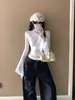 Camisa feminina de renda com decote V, manga longa, corte justo, top curto, estilo puro desejo, mangas sino, camisa base, novo modelo outono e inverno