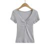 Simples Niche Spice Girls Decote em V Peito Cruzado Plissado Torcido Slim-fit Camiseta de Manga Curta Feminina Verão Nova Cor Sólida Top Curto