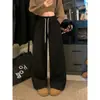 2025 Nova Coleção Inverno/Primavera Calça de Caxemira Forrada com Lã Engrossada Cordão Dagging Perna Larga Calças Casuais Bolso Feminino Combina com Tudo Feminino