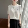 Cardigã de malha de bambu e linho estilo minimalista de luxo leve, manga média, fino, bordado pesado de desenho animado, camisa para ar condicionado, top respirável para mulheres