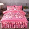 Nuevo Juego de Falda de Cama Engrosada de Cuatro Piezas para Bodas, Colcha, Funda de Edredón, Juego de Cama para Camas Individuales y Dobles, Mayoreo