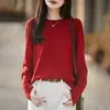 Novedad Primavera/Verano 2026 Tejido de Punto Premium para Mujer de Seda y Lana Cuello Redondo Manga Larga Borde Enrollado Color Sólido Camiseta Básica