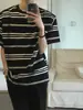 Camiseta Manga Curta Listrada Preto e Branco Estilo Retro Americano para Homens, Marca Moderna, Algodão Puro, Estilo Preguiçoso, Oversized, Novo Modelo de Verão