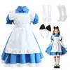 Fantasia de Performance Infantil Alice para Meninas de Halloween Avental Branco Adereço de Cabeça Azul Roupa de Empregada Vestido para Role-Playing