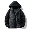 Moda Inverno Leve Jaqueta de Penas, Quente e Fofa, Cor Sólida Casual Top, Tendência Solta Masculina Casaco com Capuz