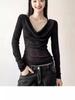 Único e chique lantejoula V-Neck Long-Sleeved T-Shirt Design Sense das mulheres Moda Micro-Transparente Slim-Fit Emagrecimento Spice Girl Top Trendy