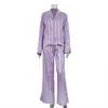 Comercio Exterior Ruso 2025 Nuevo Conjunto Casual de Dos Piezas: Camisa de Manga Larga con Solapa y Rayas de Satén, Pantalones de Pierna Ancha