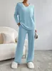 Conjunto de Duas Peças Transfronteiriço para Mulheres Outono 2024 Nova Moda Casual Calça Reta Conjunto Elegante Solto de Tricô Canelado com Decote V