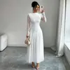 Vestido largo de encaje con cuello medio de manga larga, estilo europeo y americano, transfronterizo, para mujer, con cintura ceñida, bajo acampanado y corte elegante y ajustado