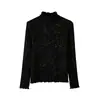 Blusa Manga Longa Versátil com Borda Franzida Brilhante Mousse Aveludada Duas Orelhas Céu Estrelado Borda Franzida Escovada dos Dois Lados Moda