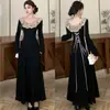 Vestido Longo Preto de Manga Longa Estilo Hepburn Francês para Outono e Primavera Tamanho Plus para Gordinhas Cintura Marcada Emagrecedor Elegante Vestido de Festa à Noite Saia Longa