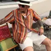 Camisa de Manga Curta com Gola Cubana Tecida Vazada Estilo Étnico para Homens e Mulheres Camisa de Manga Curta com Design Retro de Verão em Cor Contrastante