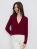 Suéter de cachemira para mujer de otoño e invierno, cuello en V cruzado, textura acanalada vertical, estilo corto, suéter de punto elegante y adelgazante para usar en capas