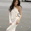 Vestido Largo Sexy de Mujer Madura con Encaje Patchwork de Manga Larga Hueco Vestido de Verano para Mujer Transfronterizo Sensación de Alta Gama Ajustado al Cuerpo Ceñido a las Caderas