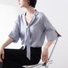 Camisa de Satén Imitación Acetato de Manga Corta para Mujer, Diseño Holgado de Verano, Corbata de Lazo de Nicho, Top Profesional para Viajes y Entrevistas