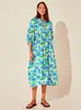 2026 Novo Estilo Vestido Floral Estilo Férias Impresso em 3D para Mulheres Solto Decote V Gravata Manga Bufante Comprimento Médio Praia