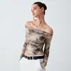 Camiseta Slim de Manga Corta con Estampado 3D Estilo Europeo y Americano Nueva Primavera 2024 Top Retro Sexy de Un Hombro Fruncido para Mujer
