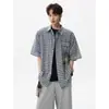 Camisa a Cuadros Bloque de Color para Hombre, Chaleco de Moda para Pareja, Colgante de Estrella Vintage, Camisa Casual de Manga Corta Estilo Chaqueta para Verano