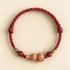Pulseira de Fio Vermelho com Cabaça de Madeira de Pêssego da Montanha Putuo, Amuleto Protetor de Paz, Boa Sorte, Fortuna e Prosperidade, Pulseira de Corda Tecida à Mão com Cinábrio