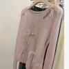 Suéter Tricot de Manga Longa Rosa Vazado com Contas Personalizado de Fábrica Outono Inicial Feminino Top Fino Senso de Design Nicho