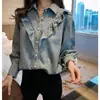 Nueva Camisa de Mezclilla Dulce con Volantes Estilo Coreano de Primavera para Mujer, Top Holgado Adelgazante de Manga Larga, Camisa Base Trbottomy