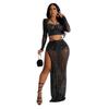 C6861 Transfronterizo Aliexpress Amazon Moda Europea y Americana para Mujer Color Sólido Malla Diamante Caliente Manga Larga Falda Larga Conjunto de Dos Piezas