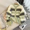 Casaco Suéter Listrado Macio Waxy Solto Estilo Coreano Feminino Outono e Inverno Doce Preguiçoso Gola Redonda Cor Contrastante Tricô Cardigan Top