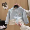 Cárdigan de niña estilo coreano, chaqueta de encaje dopamina, top de encaje rosa de manga larga con cuello redondo, abrigo para niños