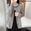 Cardigan de Punto a Rayas Retro Francés Cuello Redondo para Mujer Primavera Otoño Nuevo Manga Larga Camisa Base Suéter de Punto Fino Chaqueta Top