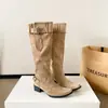 Versão em Couro~Ponto Retro de Nicho Bico Fino Panturrilha Larga Salto Grosso Franzido Botas de Cano Alto Botas de Cowboy Ocidentais Botas Longas Amassadas Botas Femininas