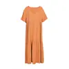 Vestido Feminino de Verão 2025 Amazon Europeu e Americano Tamanho Plus Cor Sólida Solto Plissado Decote V Manga Curta Linha A Longo para Mulheres