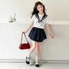 Conjunto de Verão para Meninas 2026 Novo Casual Estilo Coreano para Crianças Maiores com Gola Azul-Marinho Top de Manga Curta e Conjunto de Saia