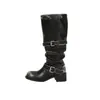 Botas Caídas con Hebilla y Tacón Grueso, Nuevas Botas de Media Caña Vintage Desgastadas Otoño 2025, Botas de Trabajo Nicho Estilo Coreano para Mujer