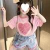 Ropa para niños al por mayor traje de niña verano 25 nuevo lentejuelas para niños amor manga corta top jeans rotos conjunto de dos piezas