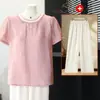 Elegante Conjunto de Verano de Manga Corta para Mamás de 40+ Elegante Top Transpirable de Brocado Iridiscente Ropa para Mujeres de Mediana Edad Camiseta Mujer
