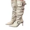 Versión en stock~Botas elegantes de punta fina fruncidas y apiladas estilo vintage, botas de montar de tacón alto adelgazantes para mujer con hebilla de cinturón, botas largas ajustadas