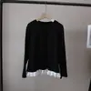 [Bizheng] 2025 Nova Coleção Outono/Inverno Estilo Coreano Costura Cor Contrastante Lã Casual Versátil Camiseta de Manga Longa Base para Mulheres 5676
