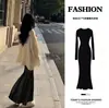 Vestido de Tricô Branco Acinturado, Saia Longa Estilo Sereia, Casaco de Outono e Inverno, Vestido de Outono Base de Manga Longa Slim