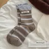 Calcetines de Algodón Puro para Mujer, Calcetines Holgados con Puños de Burbujas, Etiquetas de Tela Rayadas, Calcetines de Media Pantorrilla para Primavera y Verano, Estilo Ins, Venta al por Mayor desde Zhuji, Industria del Calcetín de Zhuji