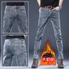 Outono e inverno jeans masculino pés pequenos forrado de lã nova moda stretch cinza casual calças compridas