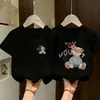Ropa Infantil Estilo Coreano para Niñas, Conjunto de Verano de Manga Corta con Estampado de Dibujos Animados, Camiseta de Media Manga de Algodón Puro para Niños Mayores, Top Casual Versátil