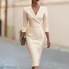 2026 Nuevo Vestido de Traje con Escote en V Estilo Europeo y Americano, Mangas Tres Cuartos, Ceñido a la Cintura, Adelgazante, Bodycon, Vestido Formal de Longitud Media