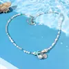 Pulsera Trendy de Comercio Exterior con Cuentas de Arroz de Caracola, Turquesa y Colgante de Estrella de Mar de Concha, Pulsera de Cuentas de Cristal