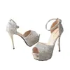 Zapatos de Banquete de Lentejuelas Metálicas de Moda Tacón de Aguja Boca de Pez Plataforma Hueca Hebilla Sandalias Tacones Altos 9711-3