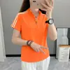 Camiseta feminina de verão com gola alta, listrada, de manga curta, secagem rápida e refrescante para fitness, corrida, esportes ao ar livre e montanhismo