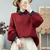 Camisa de manga larga de gasa de doble capa de algodón puro para mujer, con un diseño retro y artístico con patchwork de color contrastante en el cuello, un corte holgado que disimula la figura y mangas tipo linterna.
